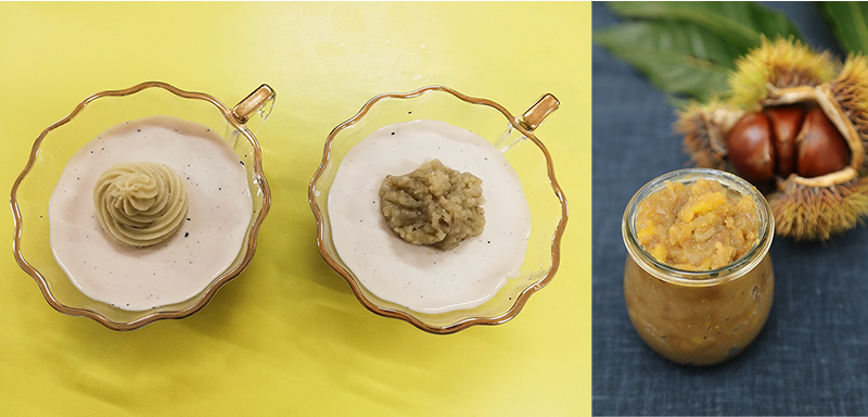 栗のジャムとクリームのほうじ茶プリン